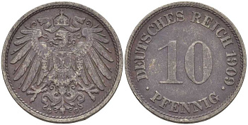 ГЕРМАНИЯ 10 ПФЕННИГОВ 1909 G KM 12, J. 13 медно-никель 31-932