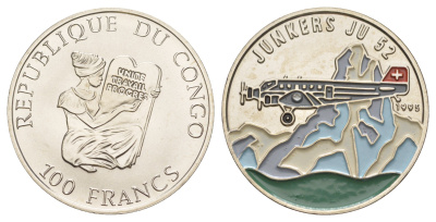 Конго 100 франков 1995 Junkers Ju 52 KM 21 медно-никель BU 1079-10-23