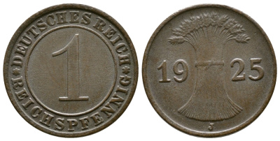 ГЕРМАНИЯ 1 РЕЙХСПФЕННИГ 1925 J KM 37, J. 313 бронза 4380-1137