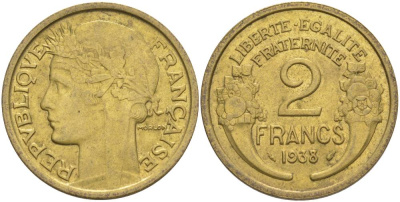 ФРАНЦИЯ 2 ФРАНКА 1938 ТИП MORLON KM 886, LE FRANC 268.11 алюминиевая бронза 69-1243