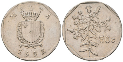 Мальта 50 центов 1992 девясил KM 98 медно-никель 183-1234