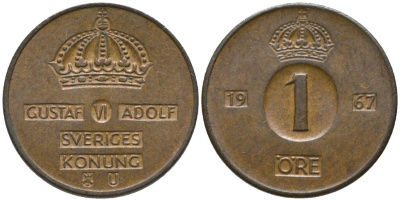 Швеция 1 эре 1967 U, Густав VI Адольф (1950-1973) KM 820 бронза 4387-144