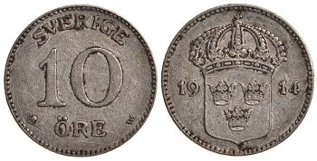 Швеция 10 эре 1914 W, Густав V (1907-1950) KM 780 серебро 4179-553