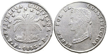 Боливия 4 соля 1853 FP KM 123.1 серебро 00-00