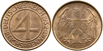 ГЕРМАНИЯ 4 РЕЙХСПФЕННИГА 1932 D KM 75, J. 315 медь 4388-833