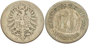 ГЕРМАНИЯ 10 ПФЕННИГОВ 1888 F, СТАРОГЕРБОВКА KM 4, J. 4, Weege 7 медно-никель 261-1232