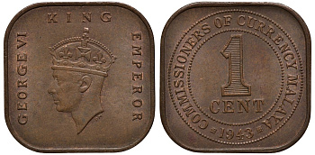 Британская Малайя 1 цент 1943 Георг VI (1937-1952) KM 6 бронза 4563-212