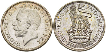 Великобритания 1 шиллинг 1927 Георг V (1910-1936), четвертый выпуск, тираж 15000 экземпляров KM 833, Spink 4039 серебро  PROOF 00-000-00