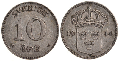 Швеция 10 эре 1914 W, Густав V (1907-1950) KM 780 серебро 4179-553