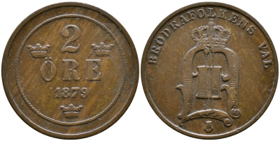 Швеция 2 эре 1879 Оскар II (1872-1907) король Швеции и Норвегии KM 746 бронза 73-1654