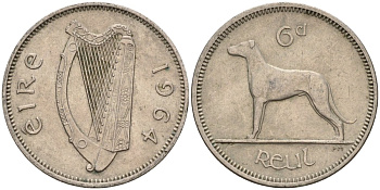 Ирландия 6 пенсов 1964 ирландский волкодав KM 13a медно-никель 4146-454