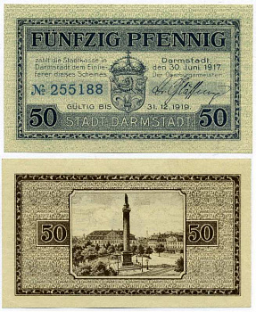 Германия, Дармштадт 50 пфеннигов 1917-1919 30 июня 1917 - 31 декабря 1919, нотгельд, земля Гессен, номер серии голубой Grabowski D5.1c  бумага  UNC (пресс) 8613-19-1-2