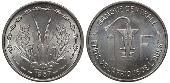 Западно-Африканские штаты 1 франк 1967 KM 3.1 алюминий UNC M51-02