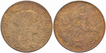 ФРАНЦИЯ 5 САНТИМОВ 1900 ТИП ДАНИЭЛЬ ДЮПЮИ KM 842, LE FRANC 119.9 бронза 108-825