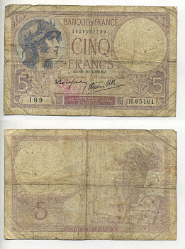 ФРАНЦИЯ 5 ФРАНКОВ 1939 26 ОКТЯБРЯ 1939, ФИОЛЕТОВЫЙ Pick 83 бумага 7552-9-3