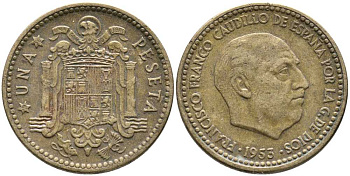 Испания 1 песета 1953 (56) Франциско Франко (1939-1975) KM 775 алюминиевая бронза 110-1126