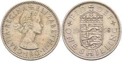 Великобритания 1 шиллинг 1958 Елизавета II (1952-2022), Английский герб KM 904, Spink 4147 медно-никель 4591-1044
