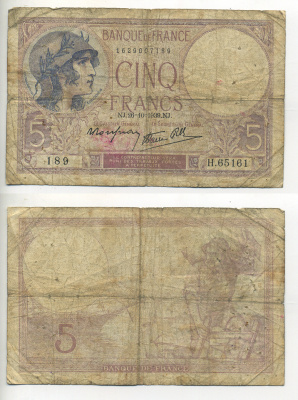 ФРАНЦИЯ 5 ФРАНКОВ 1939 26 ОКТЯБРЯ 1939, ФИОЛЕТОВЫЙ Pick 83 бумага 7552-9-3