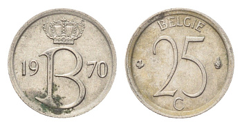 Бельгия 25 сантимов 1970 Belgie, Бодуэн I (1951-1993) KM 154 медно-никель 4705-353