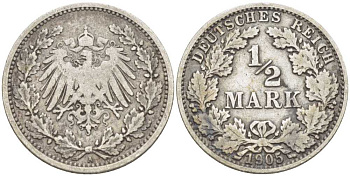 ГЕРМАНИЯ 1/2 МАРКИ 1905 A KM 17, J. 16 серебро 175-145