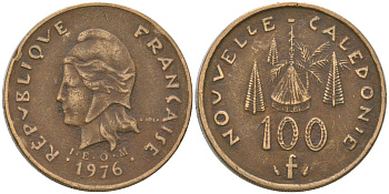 Французская Новая Каледония 100 франков 1976 хижина среди сосен и пальм, (IEOM) KM 15, Schoen 16, Lec 130 никель латунь 4137-525