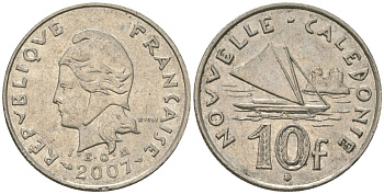 Французская Новая Каледония 10 франков 2007 рыбачья парусная лодка, (IEOM) KM 11a, Schoen 13a, Lec 99k медно-никель 56-1015