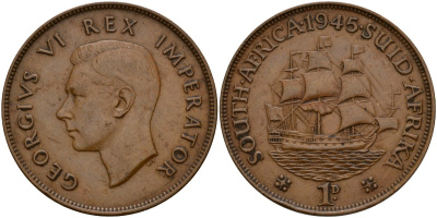 ЮАР 1 пенни 1945 Георг VI (1937-1952) KM 25 бронза 69-414