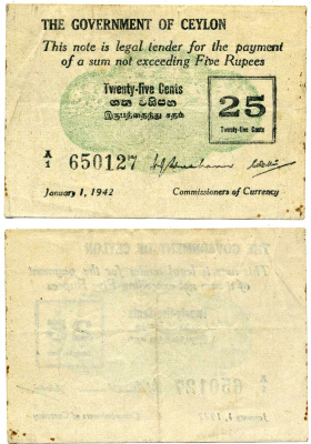 ЦЕЙЛОН 25 ЦЕНТОВ 1942 1 ЯНВАРЯ 1942, ПЕРВЫЙ ВЫПУСК Pick 40 бумага 451-404-3