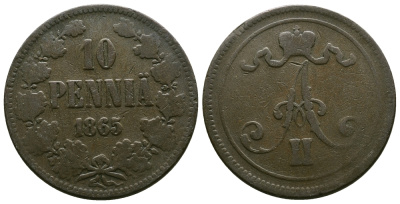 РОССИЯ ДЛЯ ФИНЛЯНДИИ 10 ПЕННИ 1865 АЛЕКСАНДР II Биткин 651 медь 4382-845