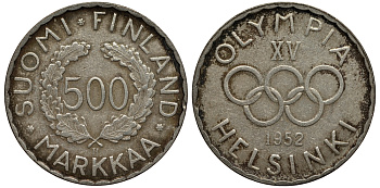 Финляндия 500 марок 1952 H, XV зимние Олимпийские игры в Хельсинки 1952 года KM 35 серебро 1517-1512