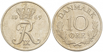 Дания 10 эре 1969 C,S, Фредерик IX (1947-1972) KM 849.1 медно-никель 3309-155