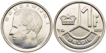 БЕЛЬГИЯ 1 ФРАНК 1989 BELGIE, БОДУЭН I (1951-1993) KM 170 железо плакированное никелем 116-1039