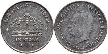 Швеция 1 крона 2002 Карл XVI Густав (1973- ) KM 894 медно-никель 4110-512