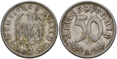 Германия 50 рейхспфеннигов 1935 G KM 87, J. 368 алюминий 4161-251