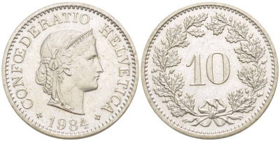 ШВЕЙЦАРИЯ 10 РАППЕНОВ 1984 KM 27 медно-никель 4529-725