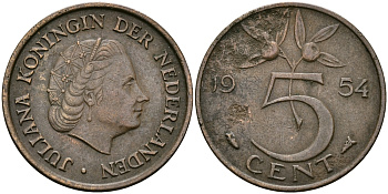НИДЕРЛАНДЫ 5 ЦЕНТОВ 1954 ЮЛИАНА KM 181 бронза 95-313