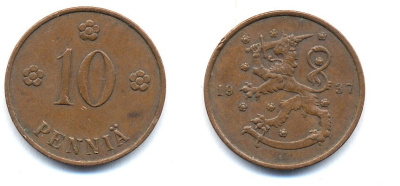 Финляндия 10 пенни 1937 KM 24 медь 51-5624