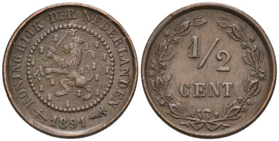Нидерланды 1/2 цента 1891 Вильгельмина (1890-1948) KM 109 бронза 4576-311