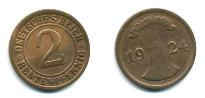ГЕРМАНИЯ 2 РЕНТПФЕННИГА 1924 E J 307, KM 31 бронза 46-1243
