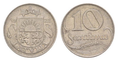 Латвия 10 сантимов 1922 год-тип KM 4 никель 4658-1233