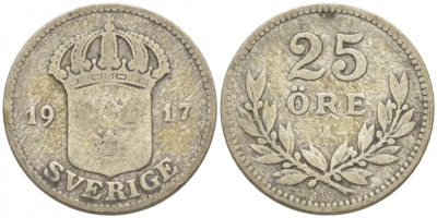 Швеция 25 эре 1917 W, Густав V (1907-1950) KM 785 серебро 3309-856