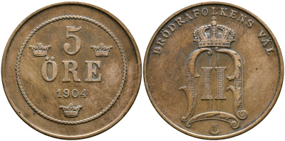Швеция 5 эре 1904 Оскар II (1872-1907) король Швеции и Норвегии KM 757 бронза 61-146