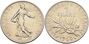 Франция 1 франк 1960 сеятель KM 925.1, LE FRANC 226.4 никель    4177-223