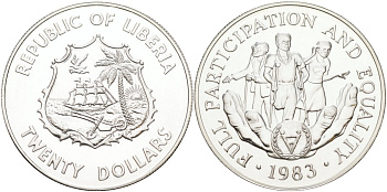 Либерия 20 долларов 1983 международный год инвалидов KM 48 серебро UNC 00-00