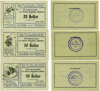 ВАЙГЕТШЛАХ, Австрия набор из 9 БАННОТ 1920 30 сентября 1920, нотгельд (20, 30, 50 геллеров), НА РОЗОВОЙ, ЖЁЛТОЙ И ГОЛУБОЙ БУМАГЕ, земля ЗАЛЬЦБУРГ бумага 2193-25-3-1