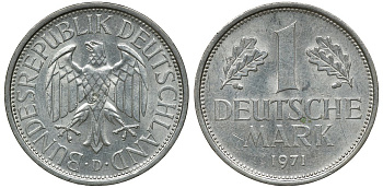 ФРГ 1 МАРКА 1971 D J 385, KM 110 медно-никель aUNC 72-821