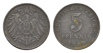 Германия 5 пфеннигов 1917 A, Вильгельм II (1888-1918) KM 19, J. 297, Weege 5 железо плакированное цинком 4640-158