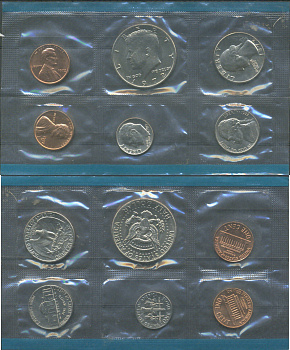 США набор из 5 монет (1, 5, 10 (дайм), 25 (квотер, 1/4 доллара) и 50 (1/2 доллара) центов) и отметки монетного двора 1972 в оригинальной упаковке, в запайке KM MS132 (164a, A192, 195a, 201 и 202b) UNC 8-2-06-12