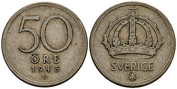 Швеция 50 эре 1945 Густав V (1907-1950) KM 817 серебро 4177-925