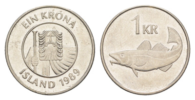 Исландия 1 крона 1989 треска KM 27a сталь плакированная никелем UNC 4649-1212